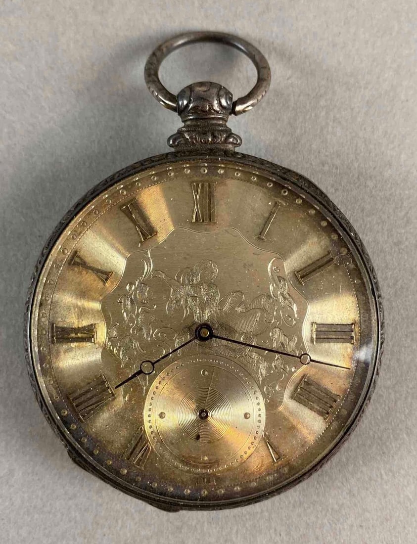 Antique Key Wind Doores and Co Etched Open Face Pocket Watch: No. 21069, Detached Lever, 13 Jewels, London, Untested, No key, Measures 2 3/4 x 2 inches.