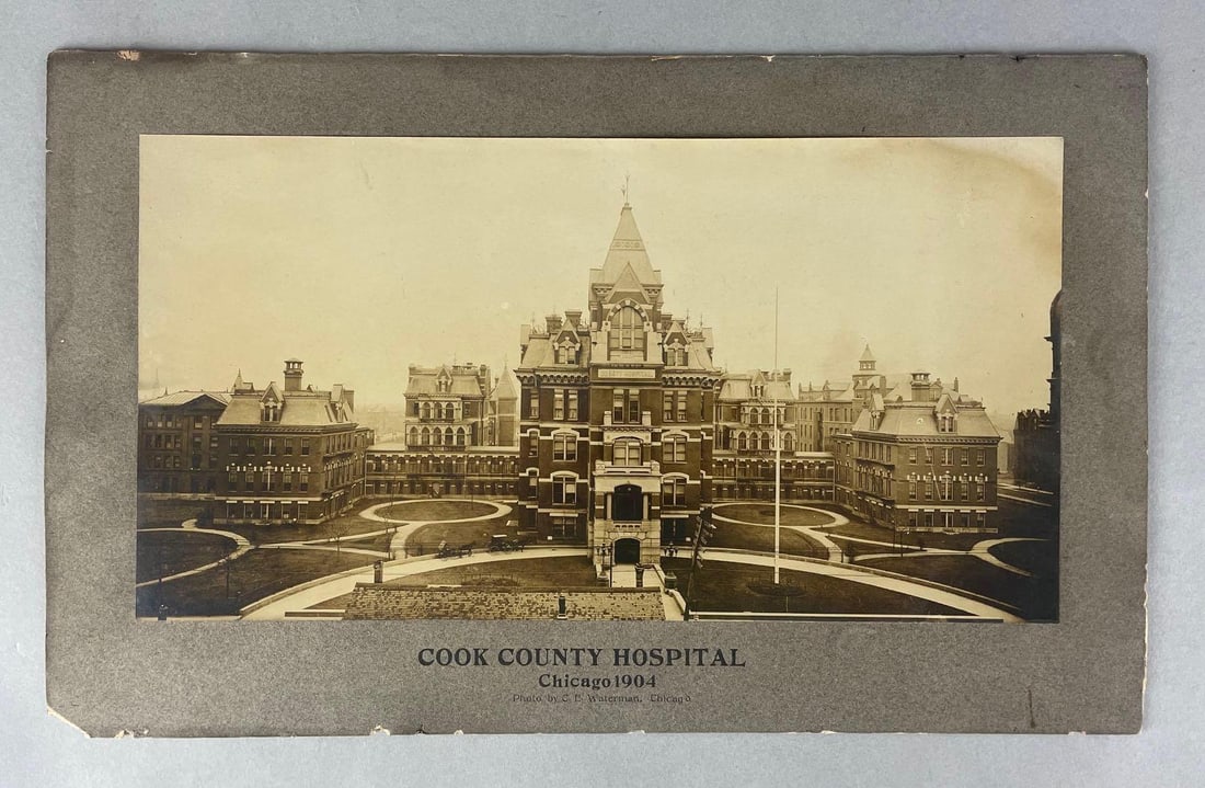 1904 Chicago Cook County Hospital Mounted Photograph: C.E. Waterman. Photo measures 7 x 13 1/4 inches, board measures 9 3/4 x 15 3/4 inches