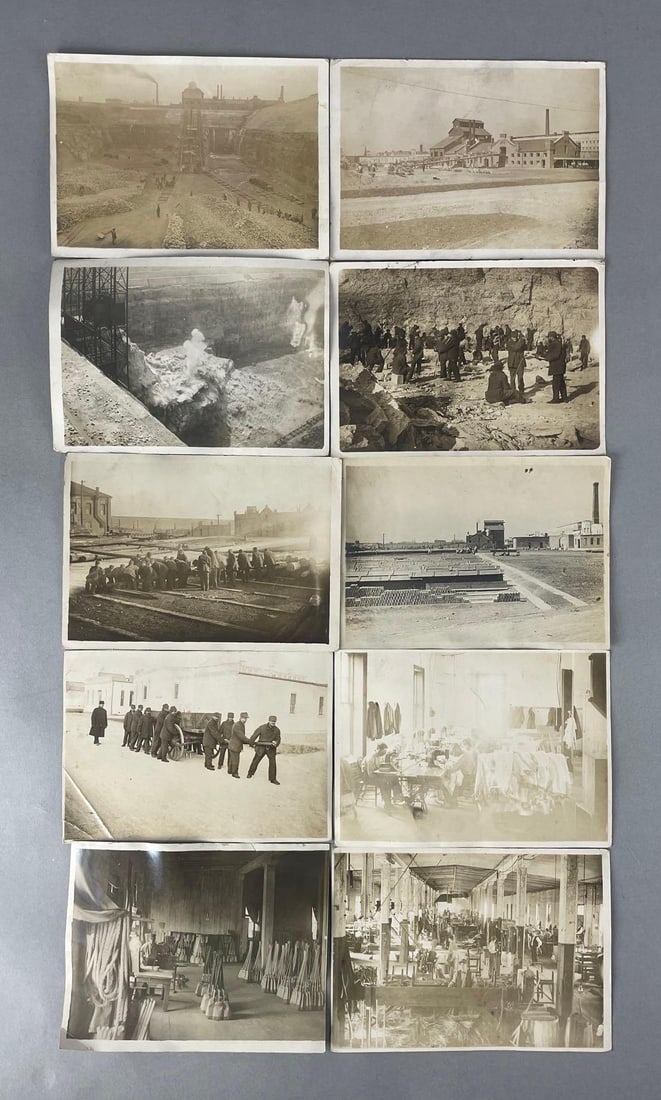 Group of 10 Antique Prison Occupational Photographs: Turn of the century. Includes stone quarry, broom shop, corrections brick yard, and more. Each measure 5 x 7 inches