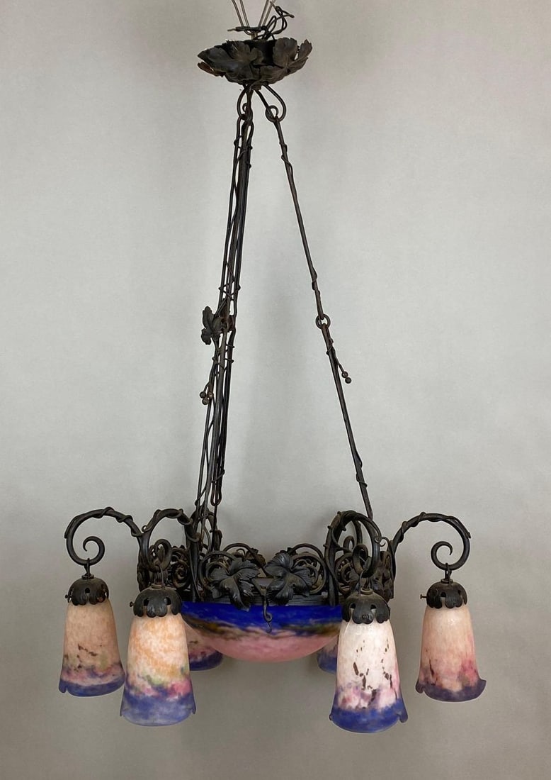 Antique Muller Fres Zuneville Cast Metal Hanging Chandelier (1 of 9)