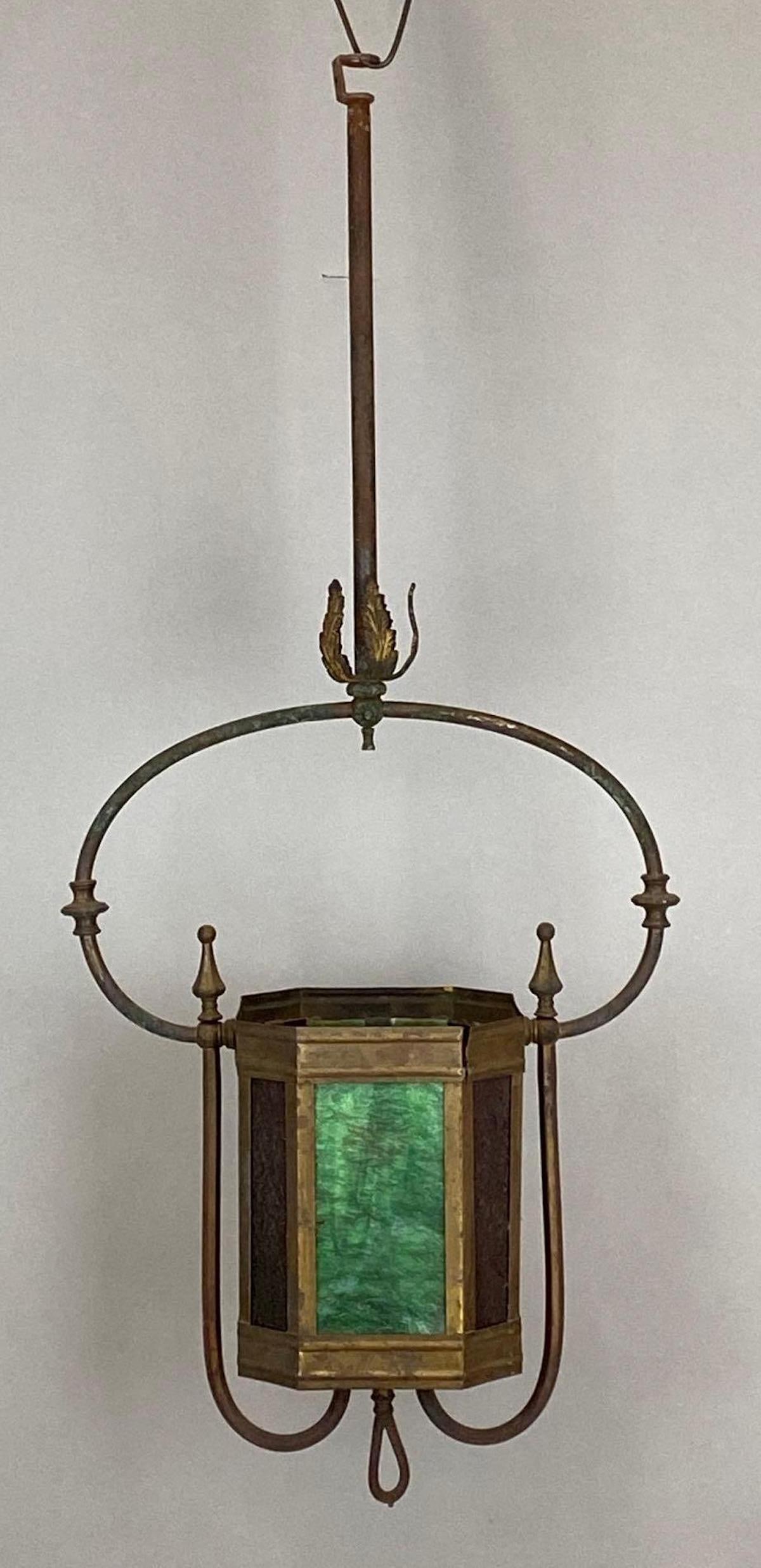 Antique Brass Red and Green Slag Glass Hanging Light Fixture (1 of 6)