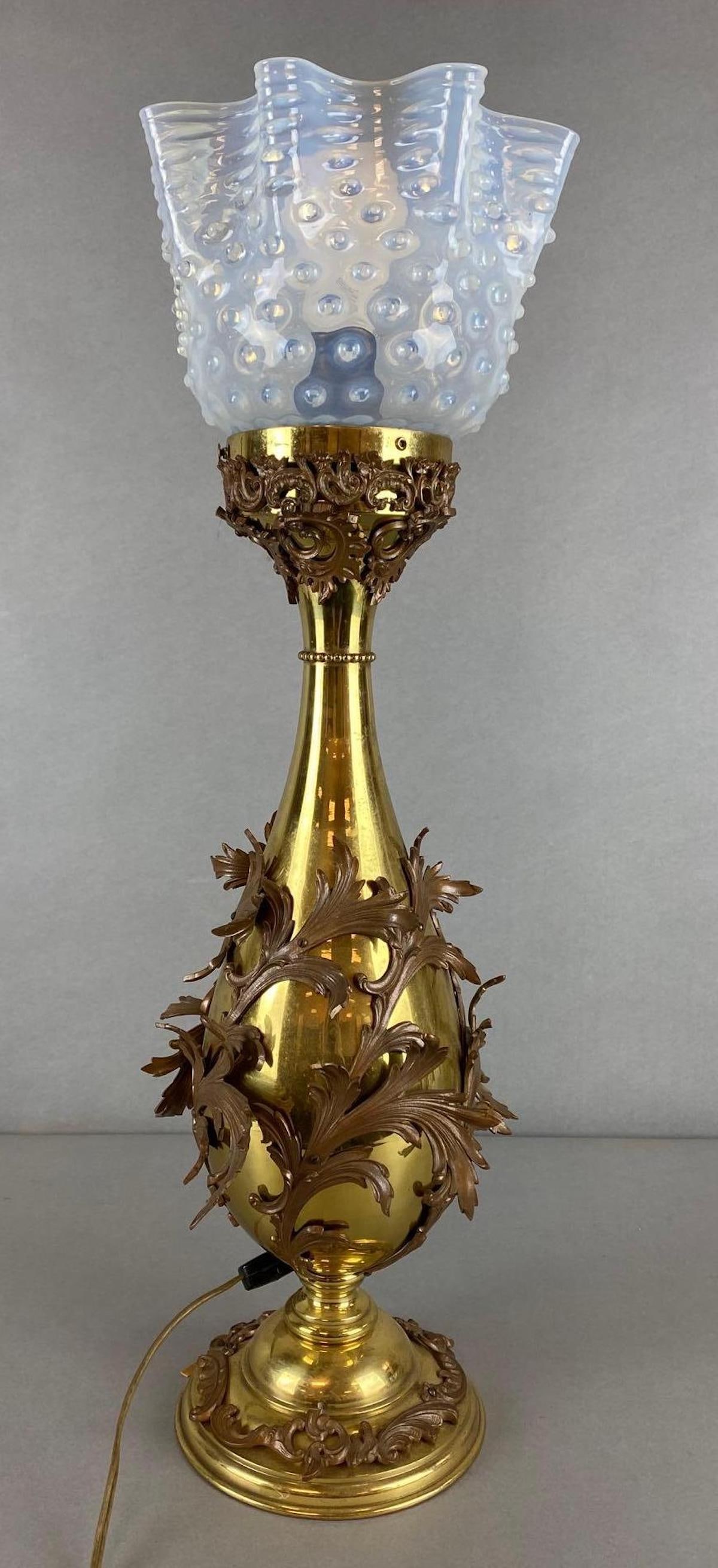 Vintage Brass Table Lamp with Light Blue Hobnail Glass Shade (1 of 7)