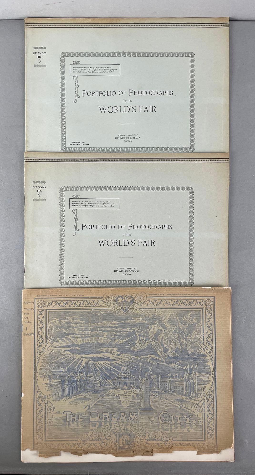 Group of 3 1893 Chicago Worlds Fair Art Series Portfolios: Includes educational art series vol 1, no. 1 Nov 9, 1893, with separated cover. Art series no. 3 and no. 9 portfolio of photographs. Werner company Chicago IL. Each measure 11 x 13 1/2 inches