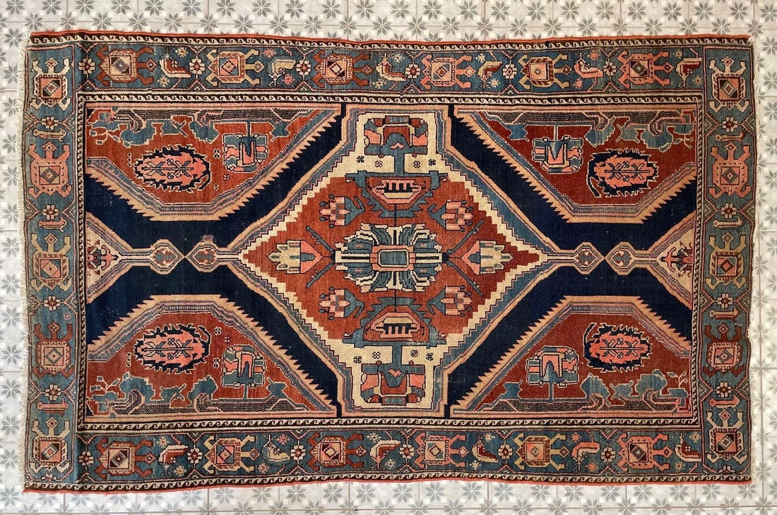 Antique Oriental Geometric Pattern Wool Rug (1 of 8)