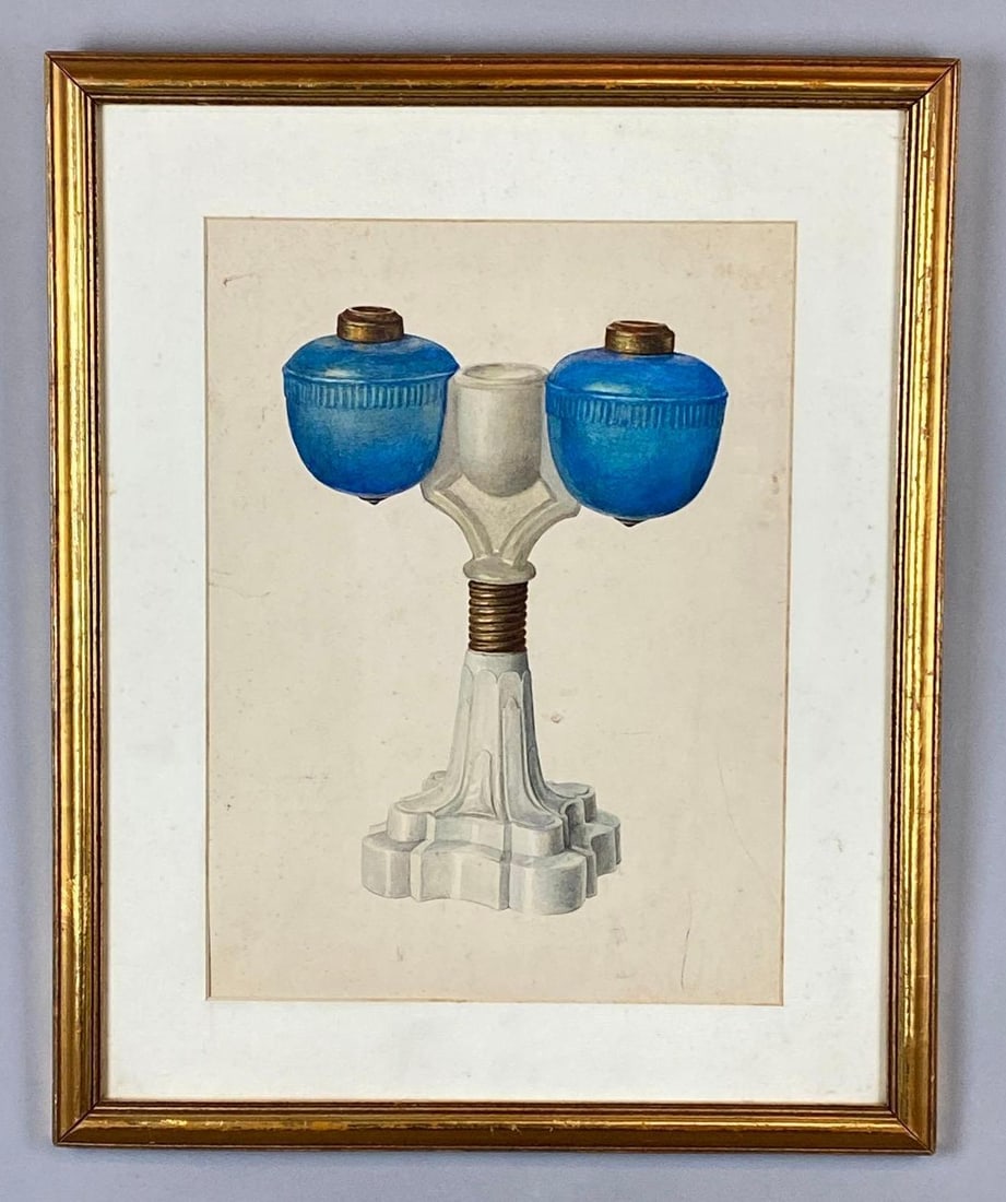 Blue and Milk Glass Oil Lamp Base Drawing on Paper (1 of 3)