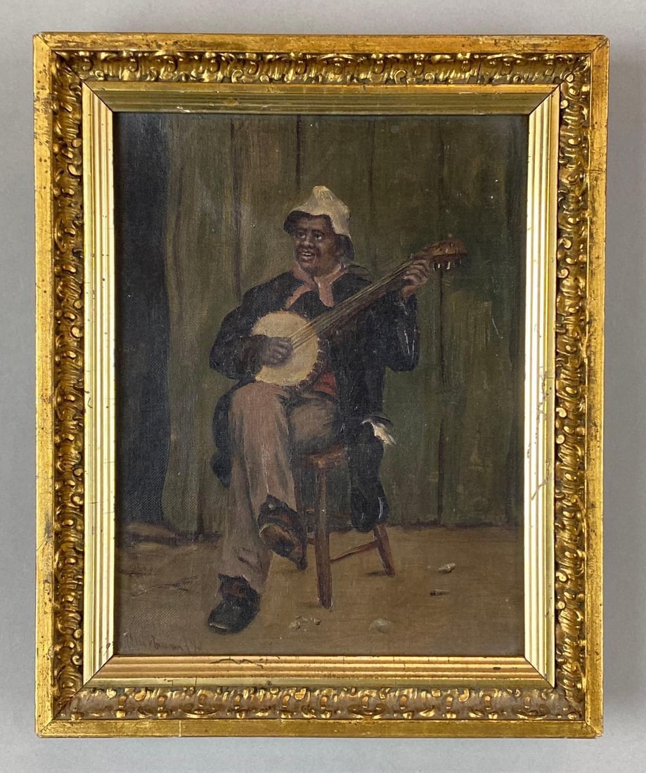 1893 Black Americana Man on Stage Playing Banjo Oil Painting on Canvas (1 of 3)
