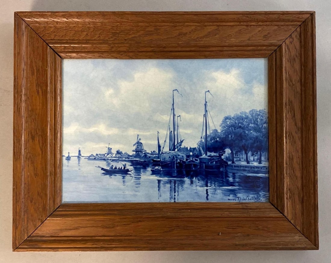 Near Tij Du Chattel Harbor Blue and White Painted Porcelain Tile (1 of 4)