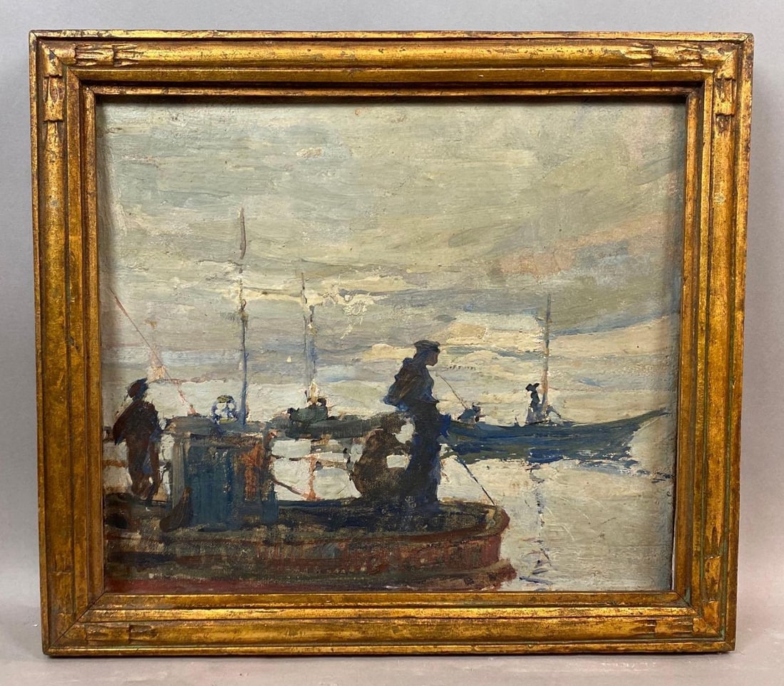 Millard Sheets Men at Sea Oil Painting on Canvas: Attributed to the Artists name written on back of stretcher, Canvas not attached to frame, Some paint cracking, Frame measures 16 1/2 x 18 3/4 inches, Canvas measures 14 x 16 inches.