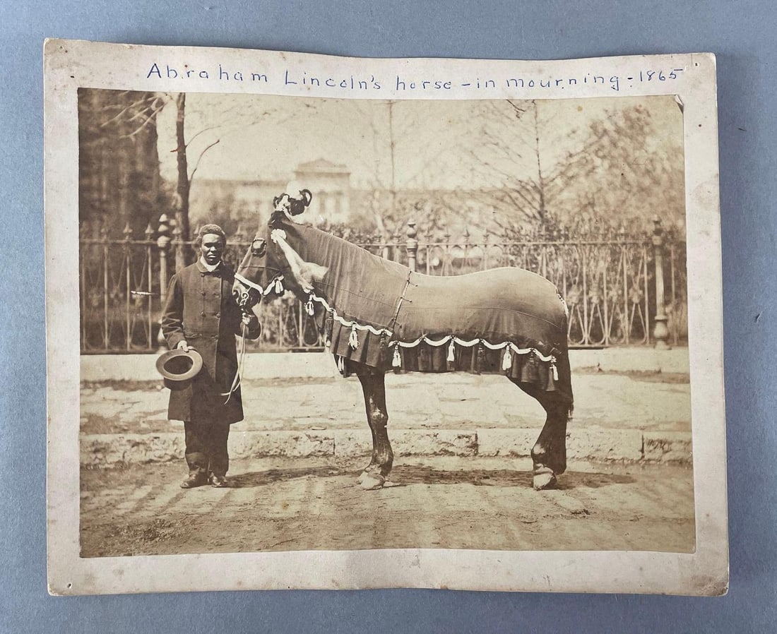 1865 Abraham Lincolns Horse in Mourning Mounted Albumen Photograph: This is President Lincolnâ€™s horse, Old Robin, and the man is Rev. Henry Brown, taken onthe day of Lincolnâ€™s funeral, at Springfield, in 1865. The photographer was F. W. Ingmirefrom City