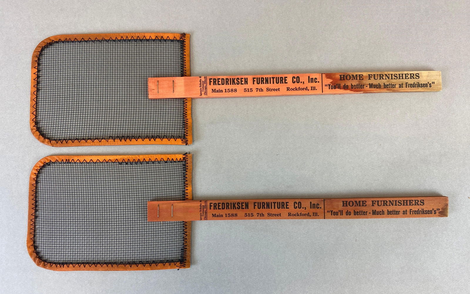 Group of 2 Advertising Fly Swatters Fredriksen Furniture Rockford IL (1 of 2)