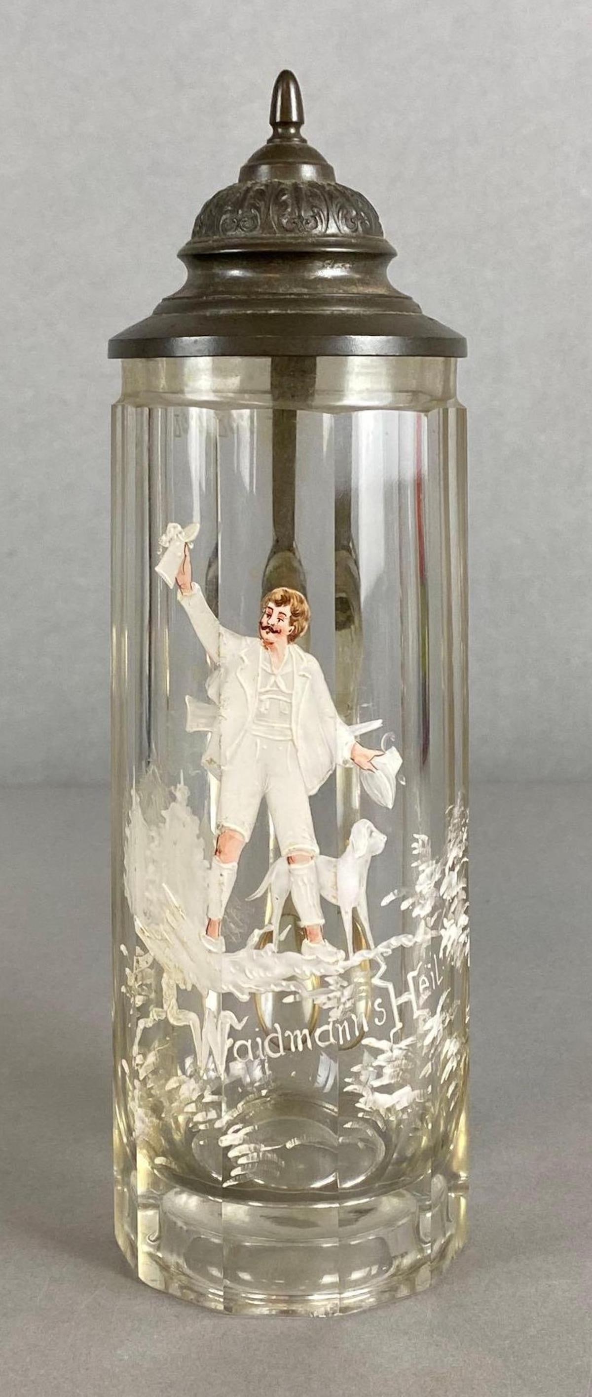 Antique Waidmanns Hell Handpainted Clear Glass Beer Stein (1 of 8)