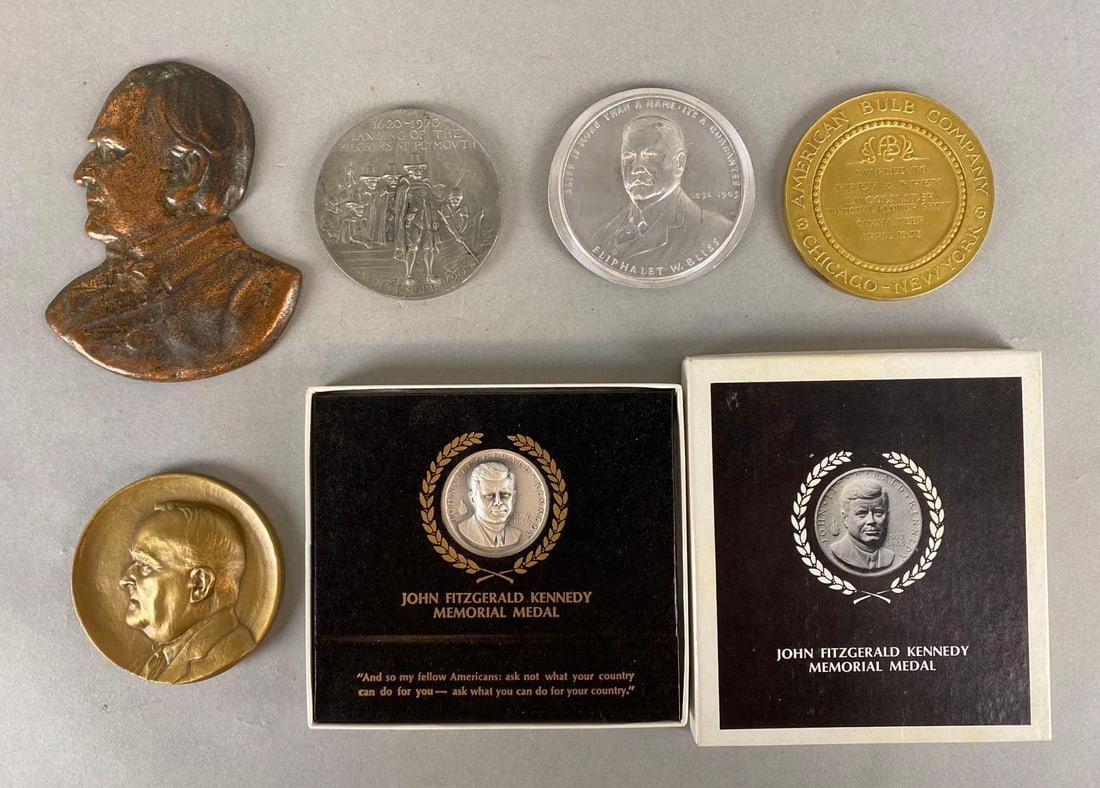 Group of 6 Desk Medals and More: Includes J.F.K. memorial medal, Reginald Herber Smith, The Mayflower, and more, One with original box, Box measures 5 1/2 x 5 inches.