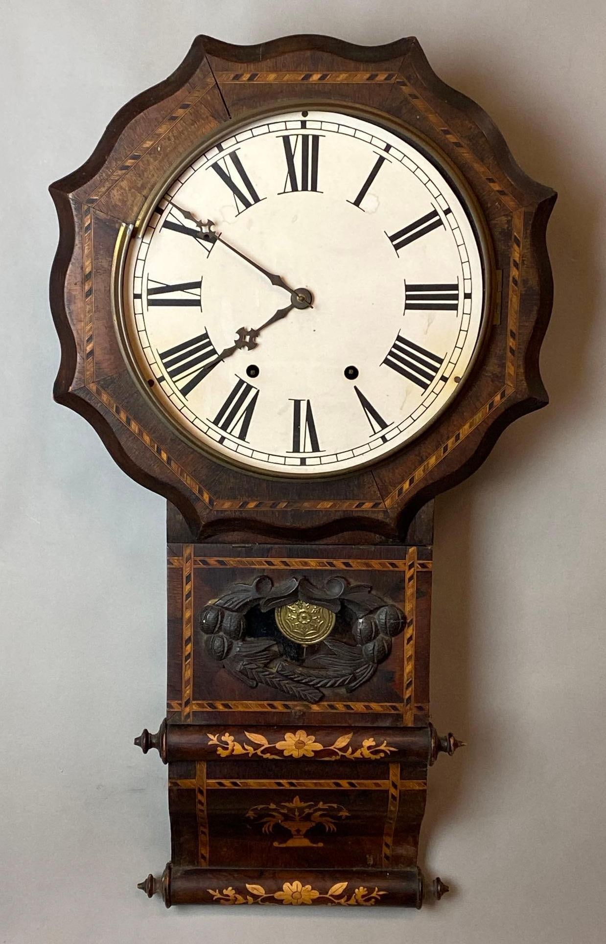 Antique Ornate Carved and Inlaid Drop Dial Wall Clock (1 of 6)