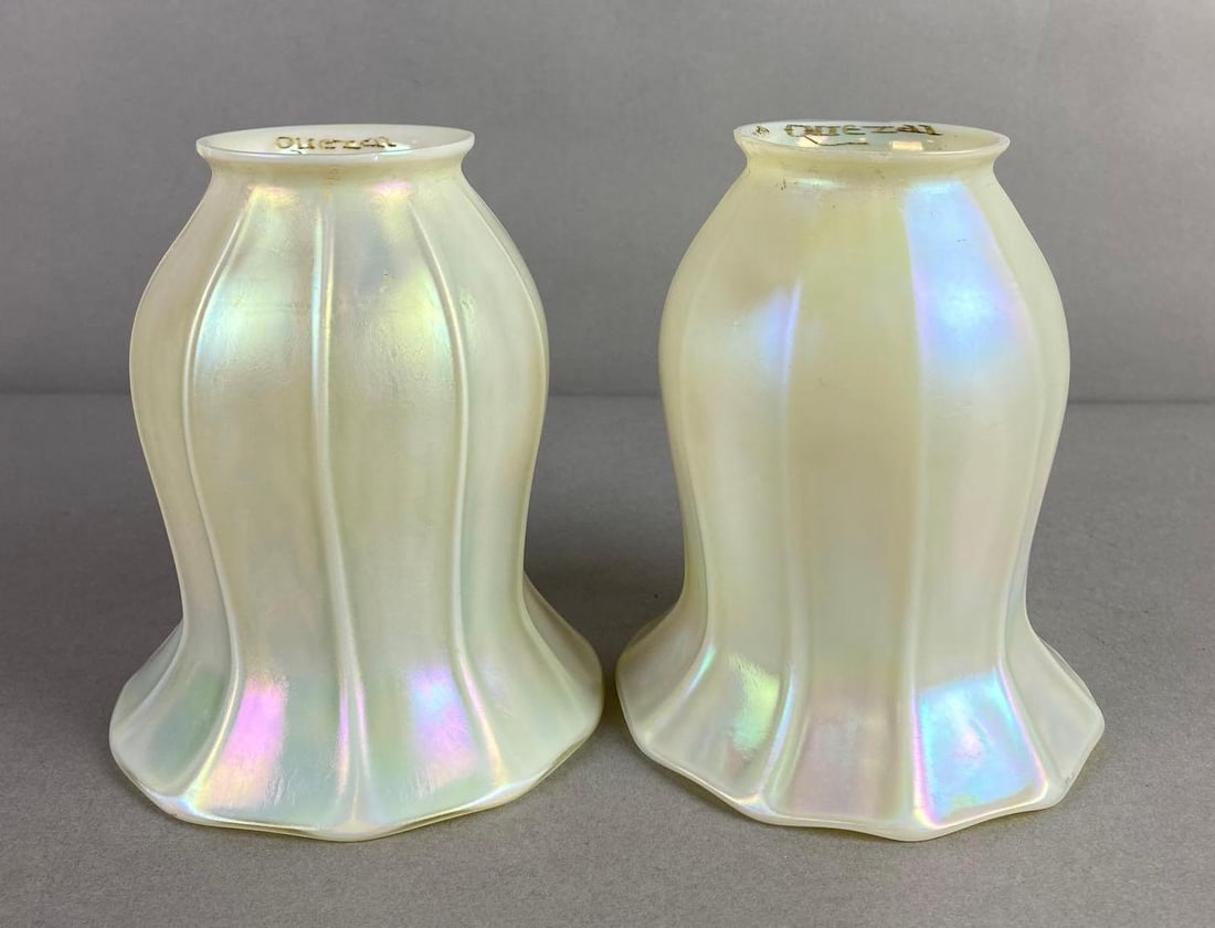 Pair of Vintage Signed Quezal Iridescent Glass Shades: Some chipping around fitter edges, 1 cracked, measures 4 3/4 x 4 1/4 inches, fitting measures 2 1/4 inches