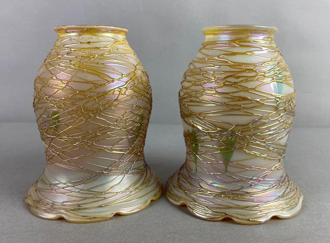Pair of Vintage Signed Quezal Threaded Gold Aurene Glass Shades (1 of 4)