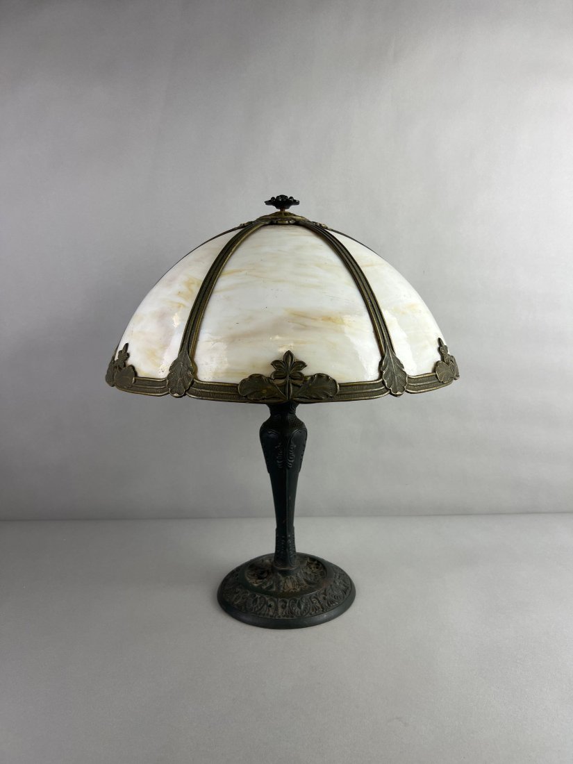 1934 Ornate Metal Table Lamp Base with Slag Glass Shade (1 of 6)