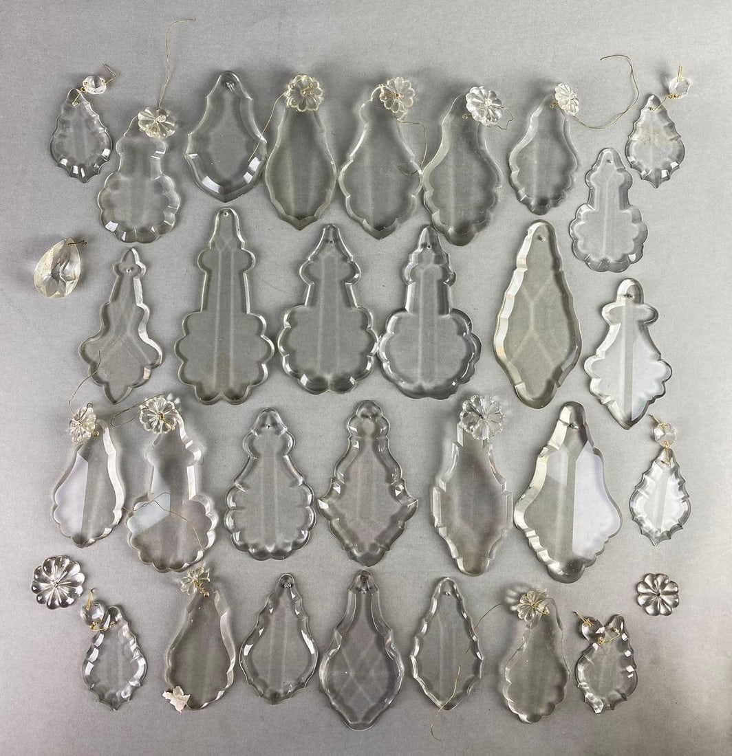 Group of 32 Clear Glass Crystal Prisms: Condition consistent with age, largest measures 6 1/4 x 3 inches