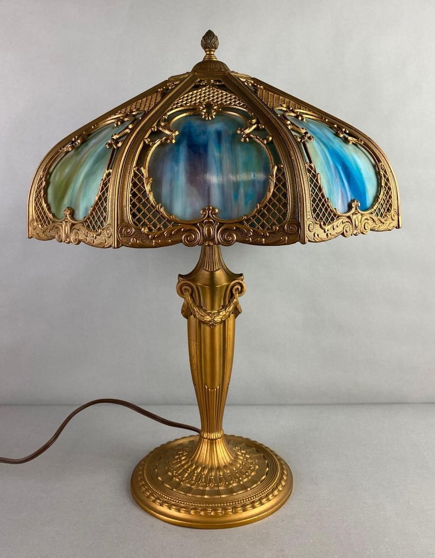 Antique Slag Glass Ornate Metal Base Table Lamp (1 of 5)