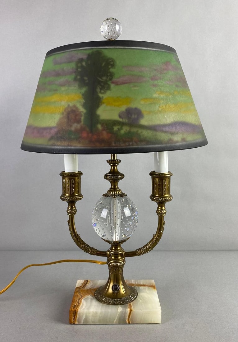 Antique Pairpoint Reverse Painted Glass Metal and Marble Base Table Lamp (1 of 6)
