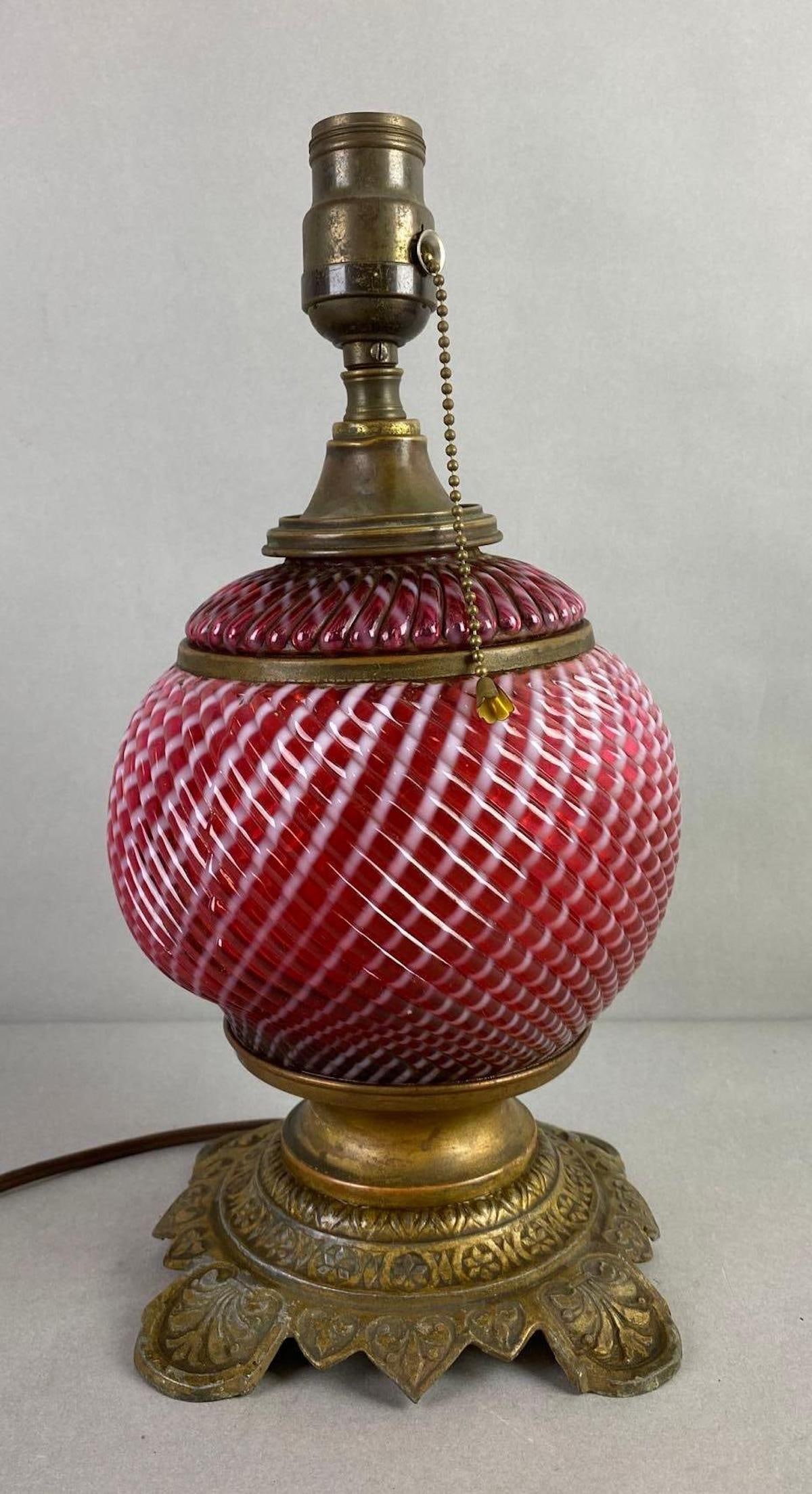 Antique Opalescent Sheldon Swirl Cranberry Art Glass Table Lamp (1 of 6)