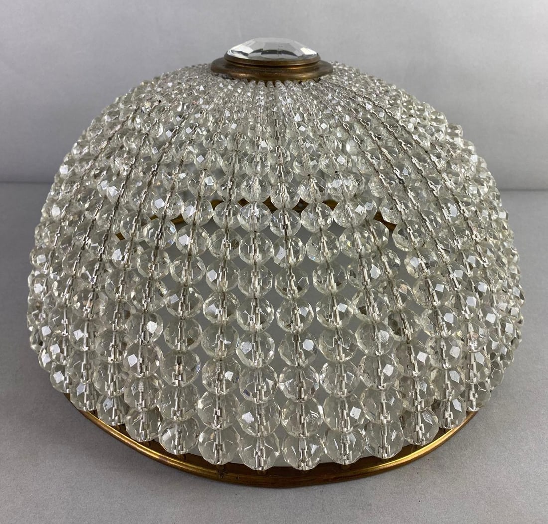 Vintage Brass and Glass Beaded Shade: Condition consistent with age, measures 8 1/2 x 13 3/4 inches