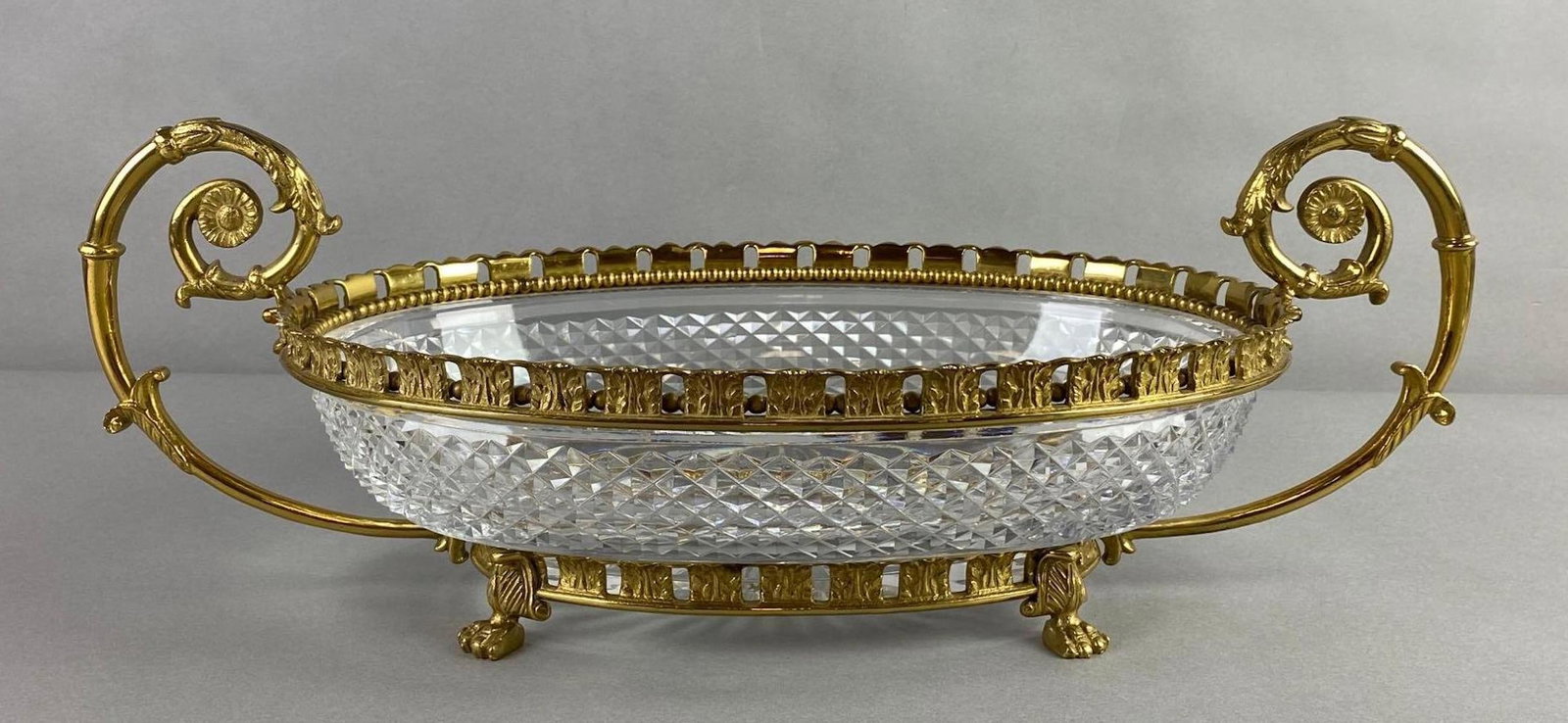 Ornate Baccarat Cut Glass and Bronze Centerpiece Bowl Claw Feet: Unmarked, condition consistent with age, measures 18 1/2 x 9 1/4 x 6 1/2 inches