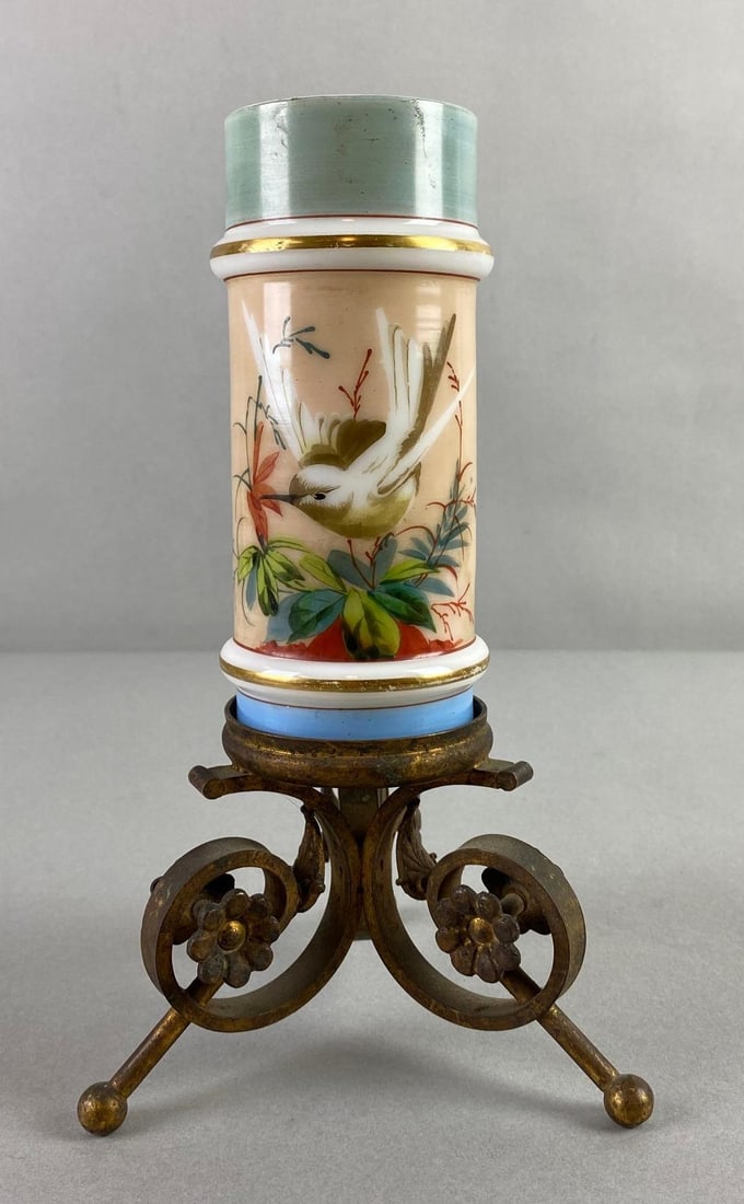 Antique Boston and Sandwich Glass Co. Painted Bristol Glass Vase on Metal Stand: Unmarked, flea bites around edge, measures 9 x 5 inches