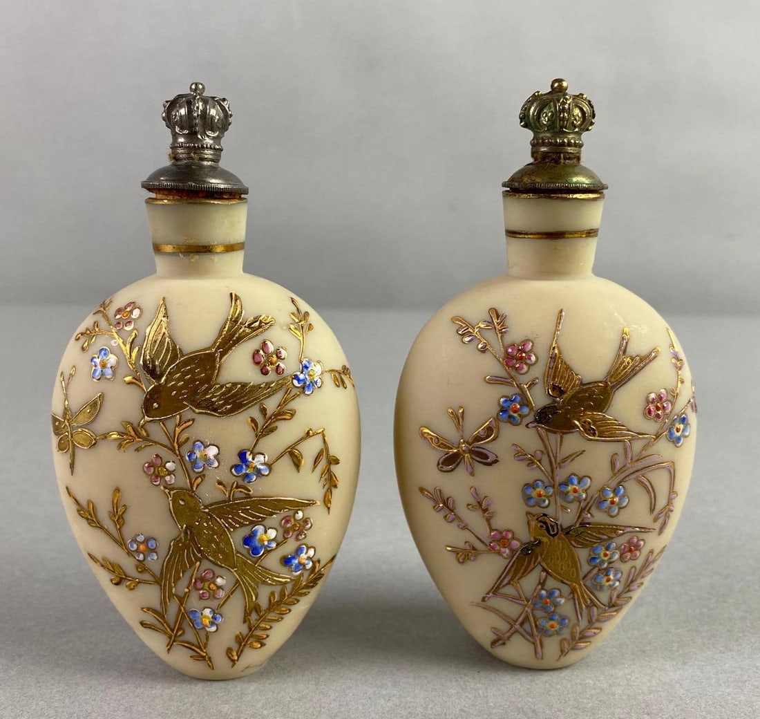 Antique Pair of Webb Hand Painted Glass Perfume or Snuff Bottles (1 of 5)