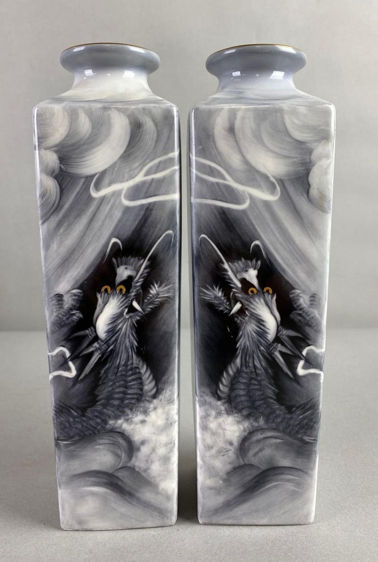 Pair of Japanese Noritake Bone China Dragon Porcelain Vases: Bottoms marked, condition consistent with age, measures 9 1/2 x 2 3/4 x 2 3/4 inches