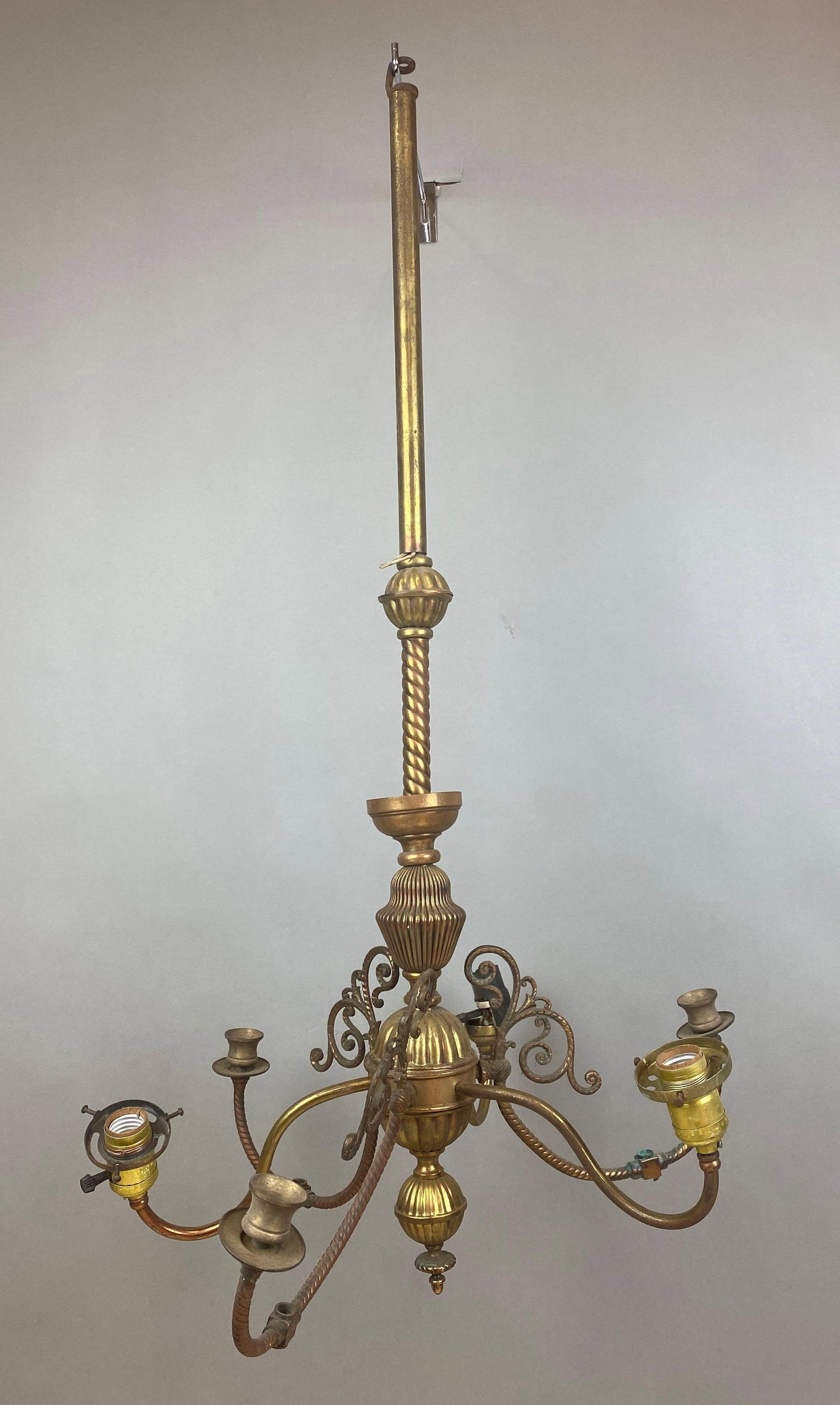 Antique Brass 6 Arm Electric Chandelier: Wired, untested, fitter size 2 1/2 in. Measures 36 x 19 x 19 inches.
