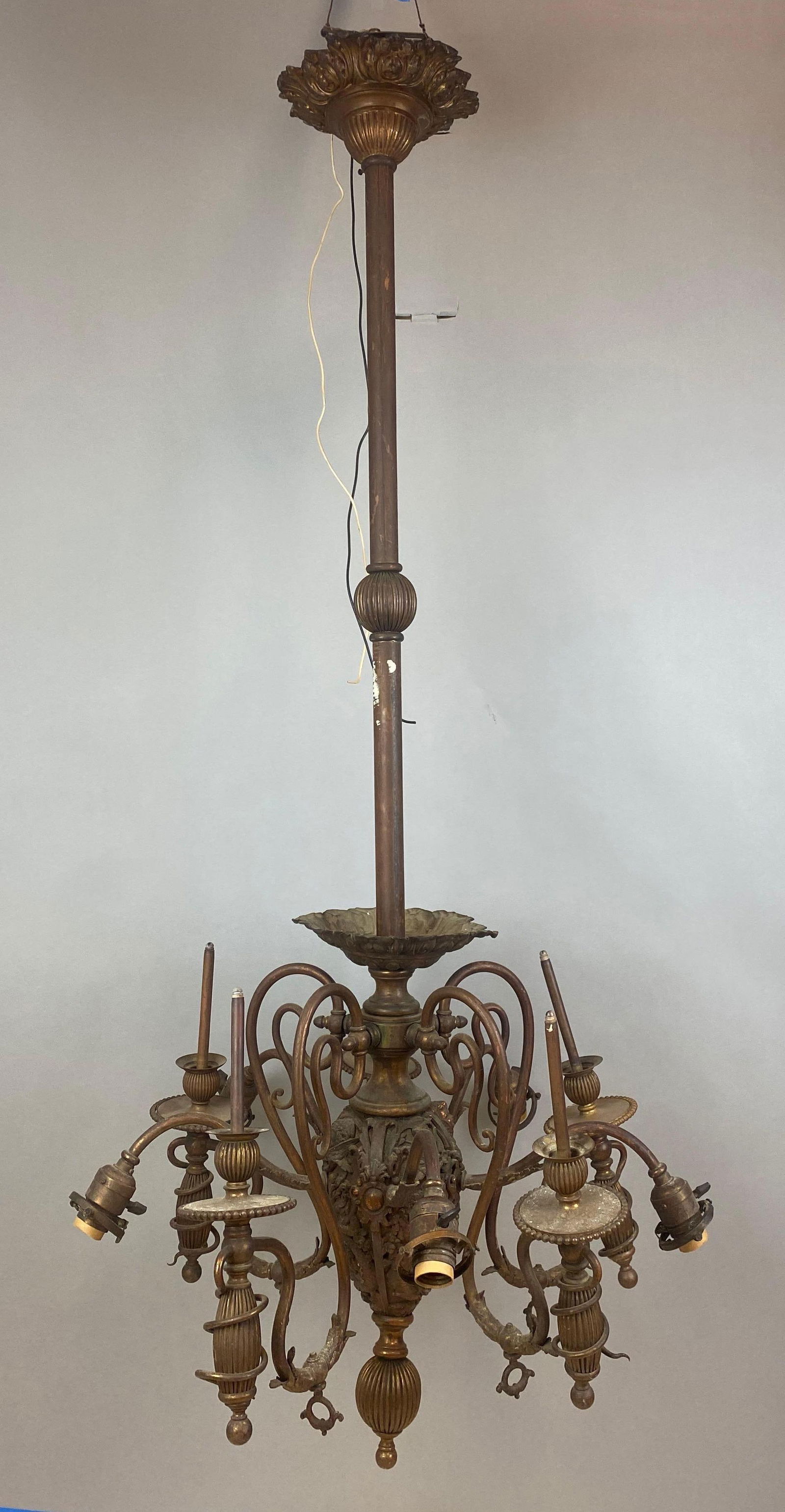 Large Antique Brass Gas and Electric Serpent Chandelier (1 of 7)