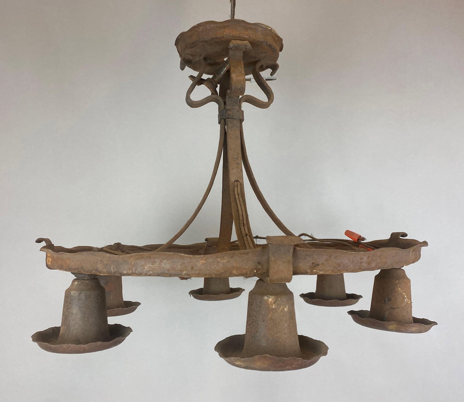 Antique Metal 6 Bulb Electric Chandelier: Wired, untested. Measures 18 x 20 x 20 inches.