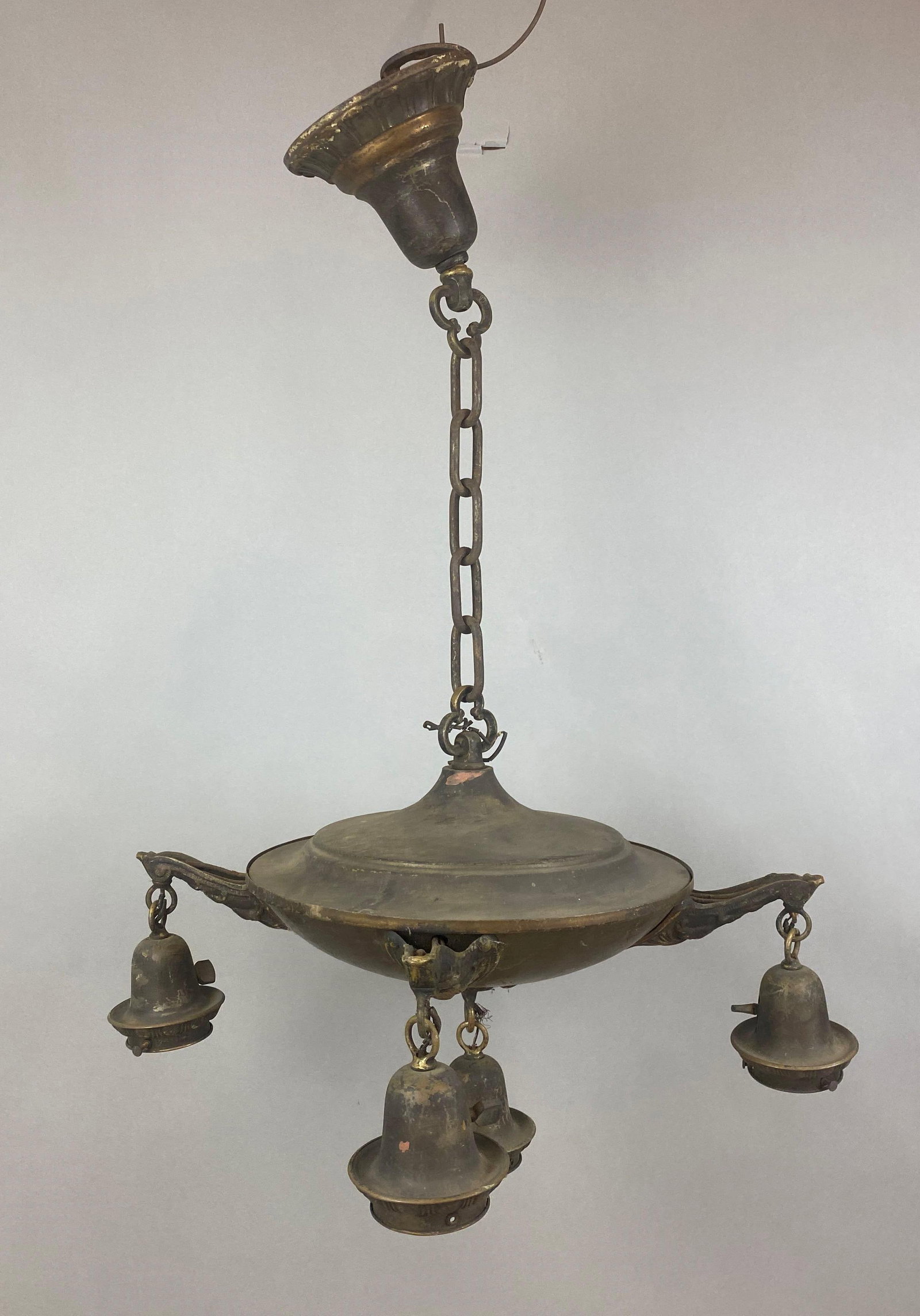 Antique Brass 5 Bulb Electric Chandelier: Wired, untested, fitter size 2 1/2 in. Measures 31 x 20 x 20 inches.