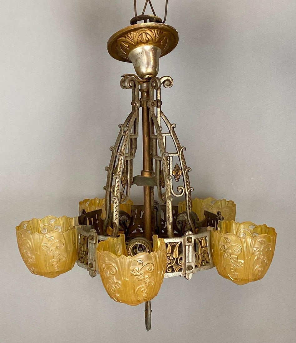 Antique Art Deco Brass Floral Hanging Lamp with Amber Glass Slip Shades (1 of 8)