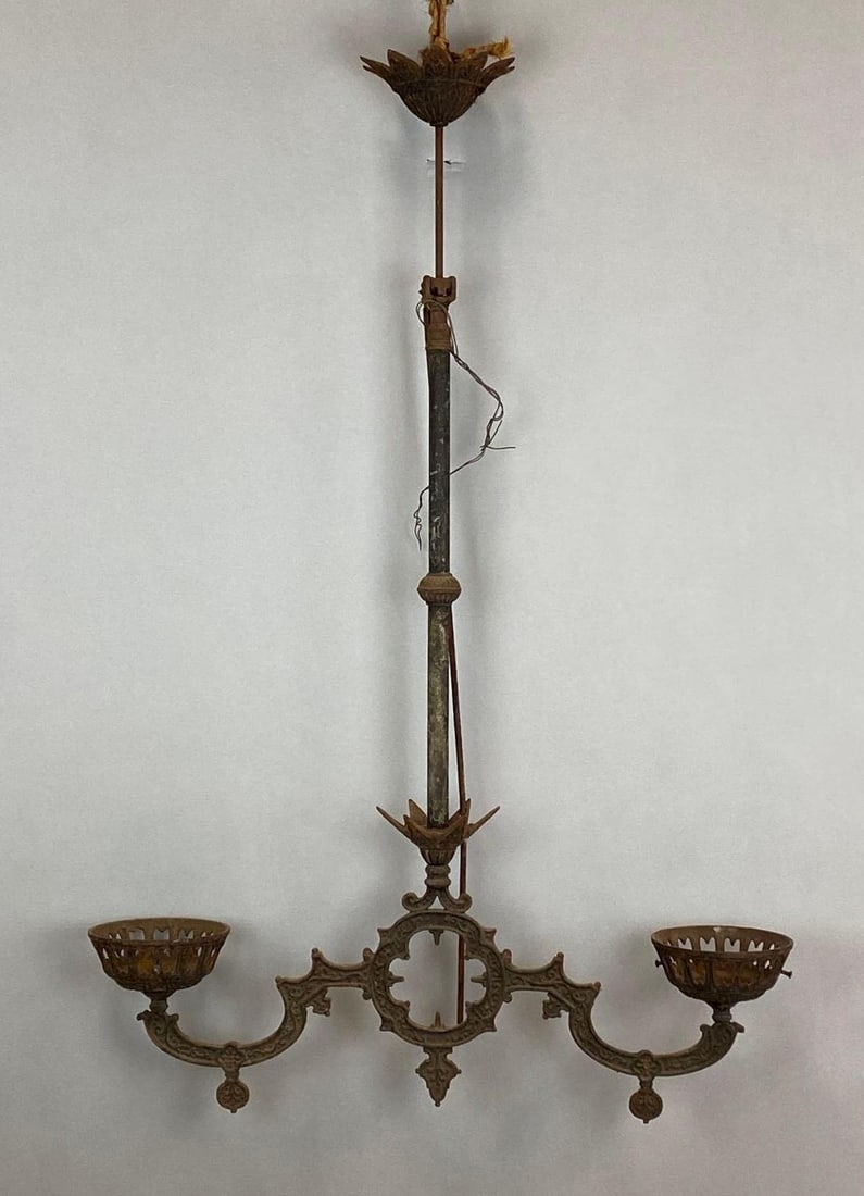 Antique Large Cast Iron 2-Arm Hanging Oil Lamp Light Fixture (1 of 5)