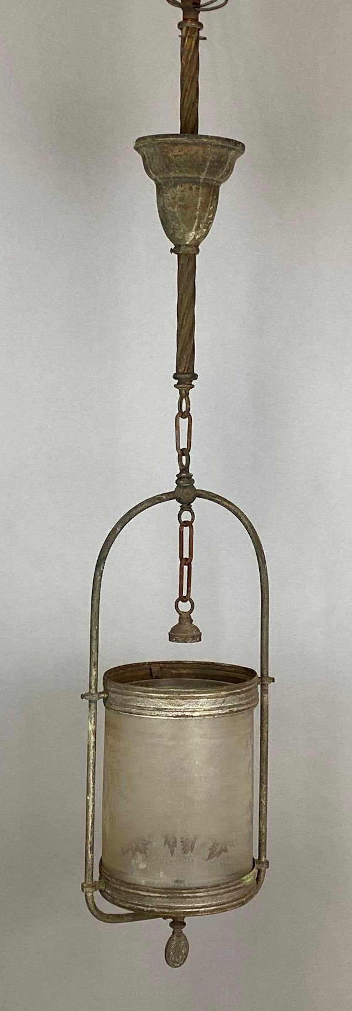 Antique Metal Hanging Lamp Fixture with Etched Glass Shade (1 of 6)