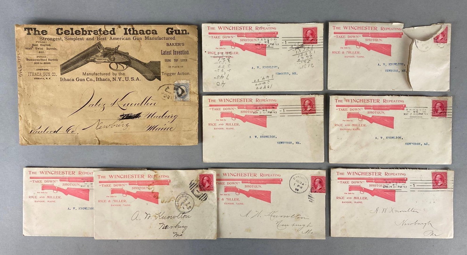 Group of 9 Antique Firearms Manufacturers Envelopes: Includes Winchester, and Ithaca Gun, Some large tears, Largest measures 6 1/2 x 9 1/2 inches.