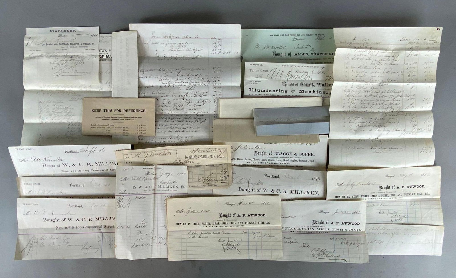 Group of 20+ Antique Receipts and More: 1860s-1870s, Includes Blagge and Soper, A.P. Atwood, W. And C.R. Milliken, Largest measures 12 x 7 3/4 inches.