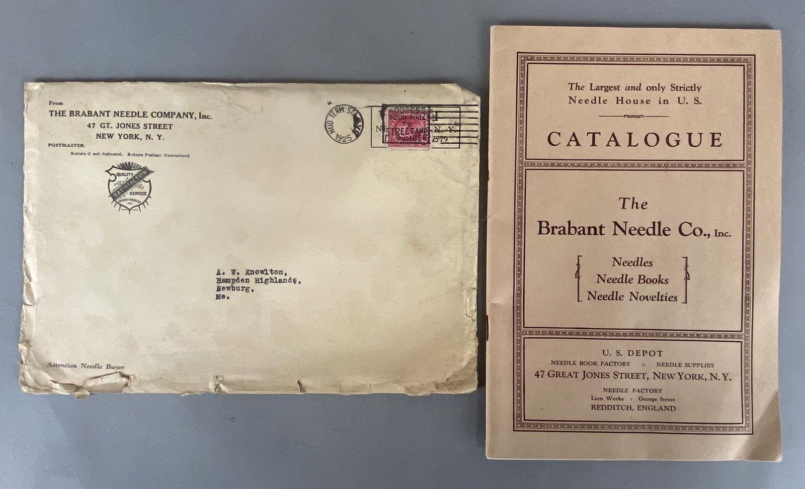 1925 The Brabant Needle Co. Inc. Advertising Catalogue: US Depot, New York, Needle Factory Redditch England, With original mailing envelope, Skme tears in envelope, Envelope measures 6 1/2 x 9 1/2 inches.