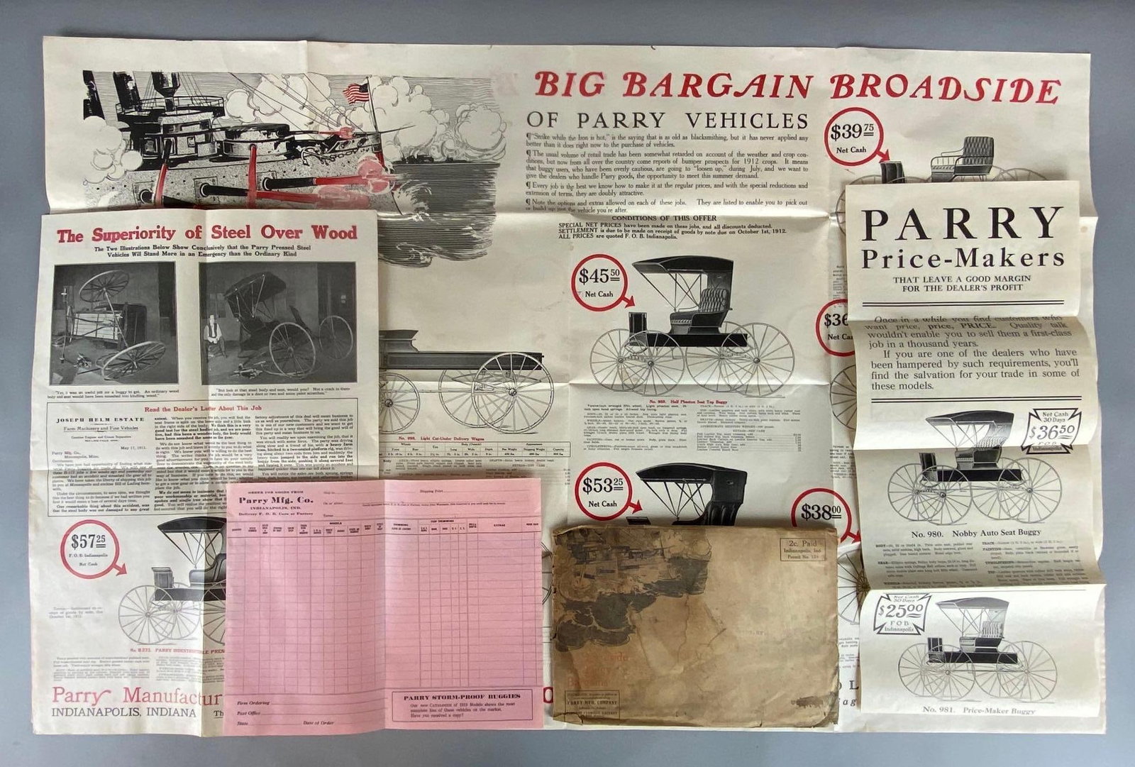 1913 Parry Manufacturing Co. Carriage Buggy Mail Advertising Catalogue: With original mailing envelope, Includes display poster, order form, and more, Poster measures 24 x 37 inches.