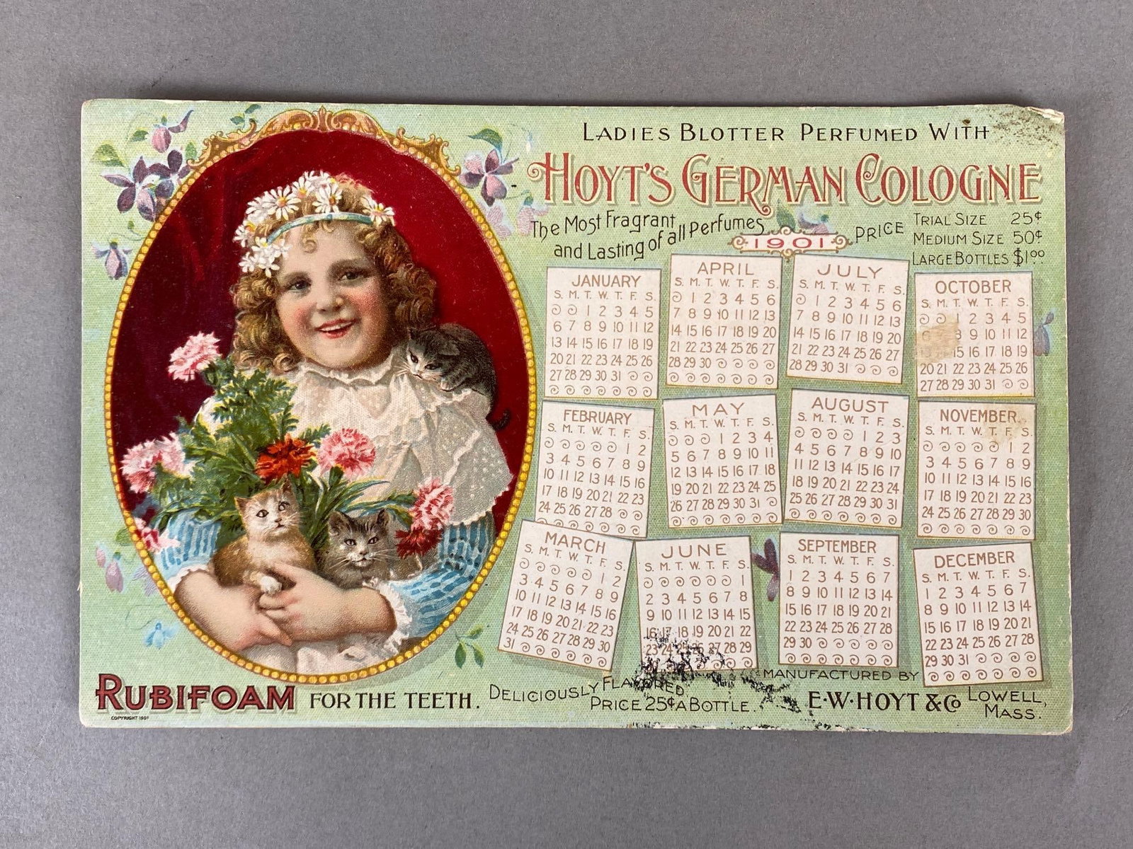 1901 Hoyts German Cologne Advertising Calendar: E.W. Hoyt and Co, Lowell Massachusetts, Rubifoam for the Teeth, Measures 4 1/2 x 7 inches.