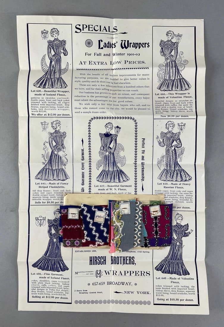 1901-02 Hirsch Brothers Ladies Wrappers Advertising and Samples: Advertisement measures 19 x 12 inches