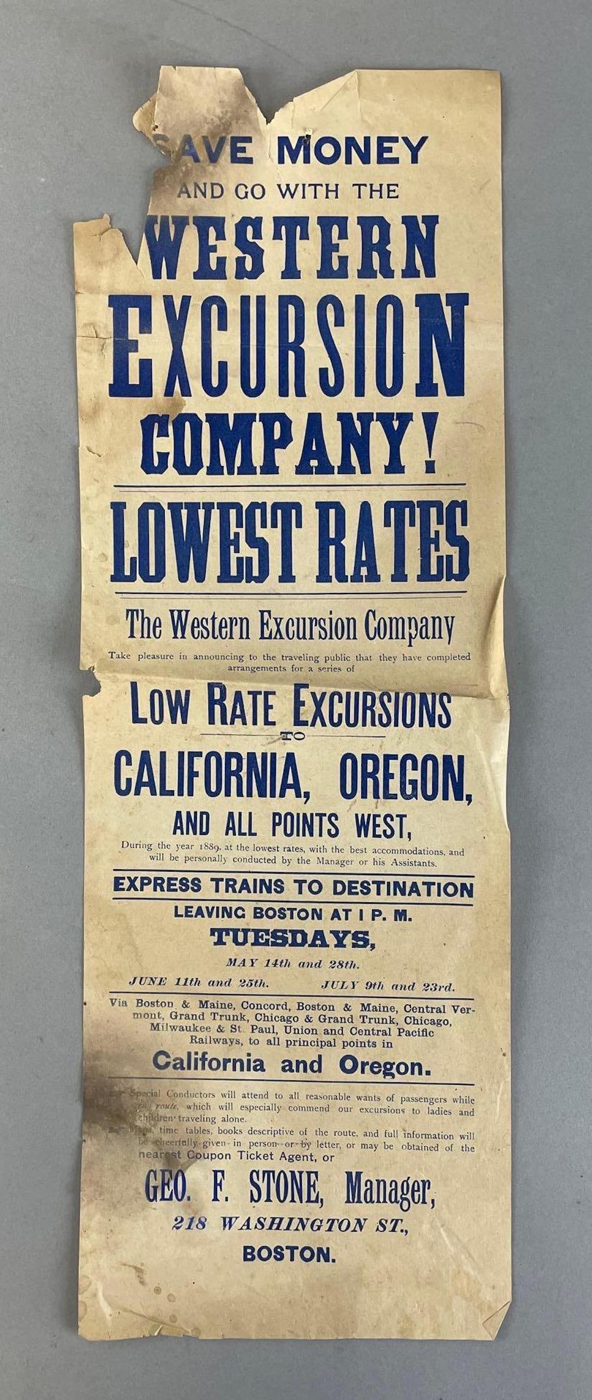 1889 Western Excursion Company Train Advertising Poster (1 of 2)