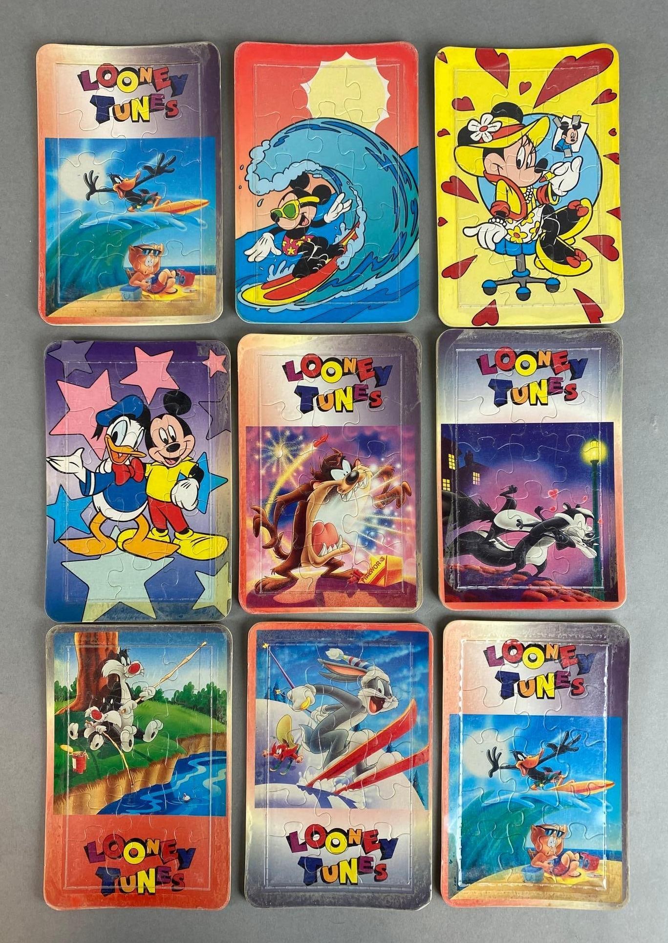 Group of 9 Disney and Looney Tunes Puzzle Postcards: Includes Mickey Mouse, Taz, Bugs Bunny, and more, All measure 6 x 4 inches.