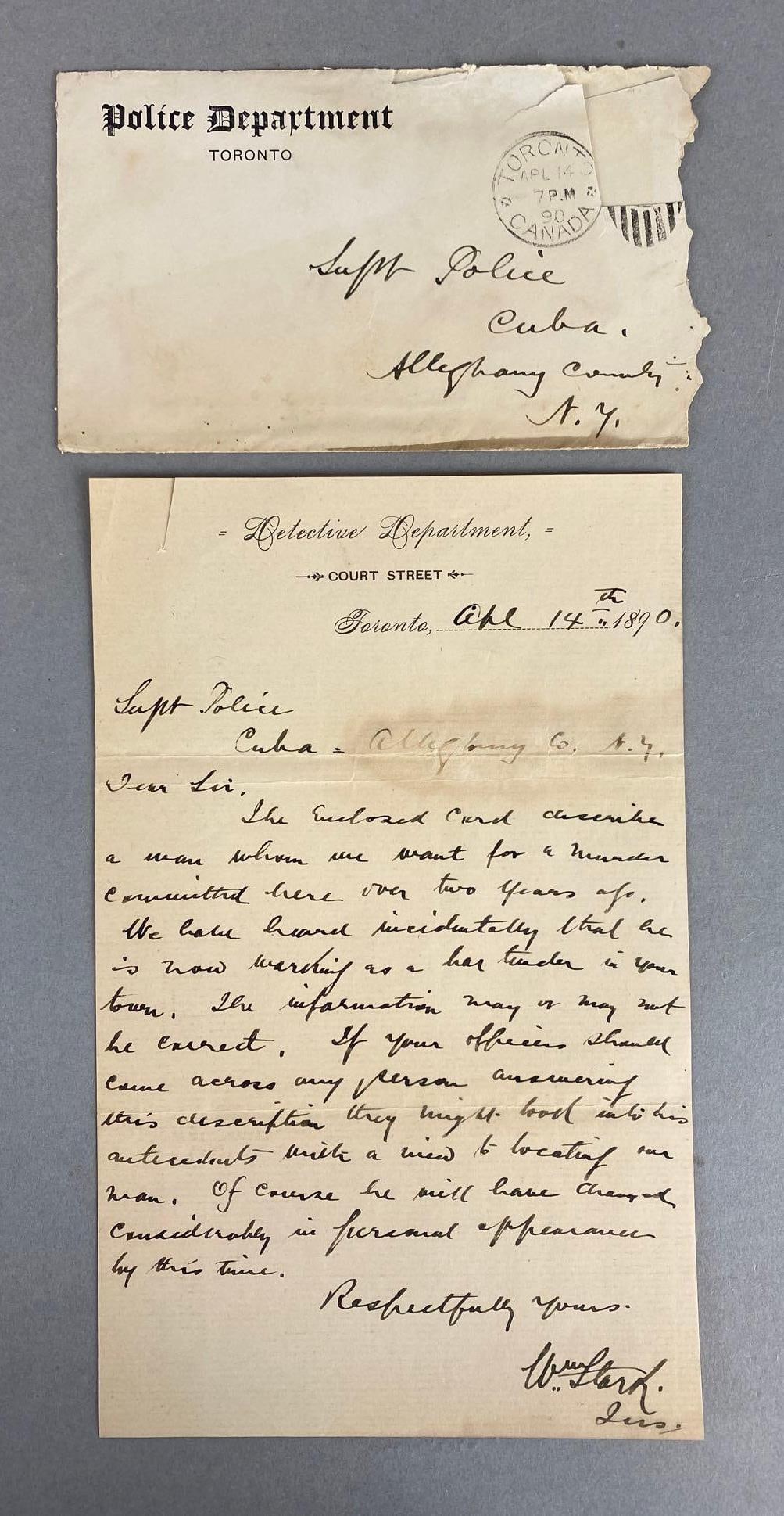 1890 Toronto Canada Detective Department Letter Wanted for Murder (1 of 3)