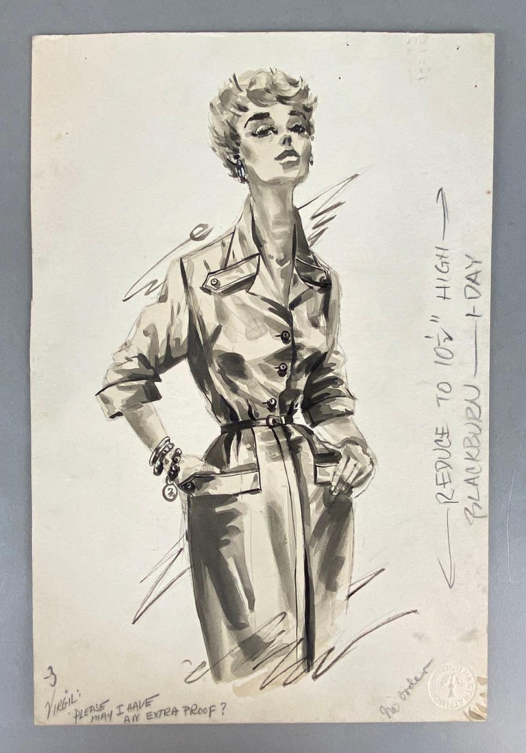 20th Century American Artist Woman Posing Pen and Ink Wash on Board: Unknown artist, Bottom left corner addressed to Virgil, Measures 12 1/4 x 8 inches.
