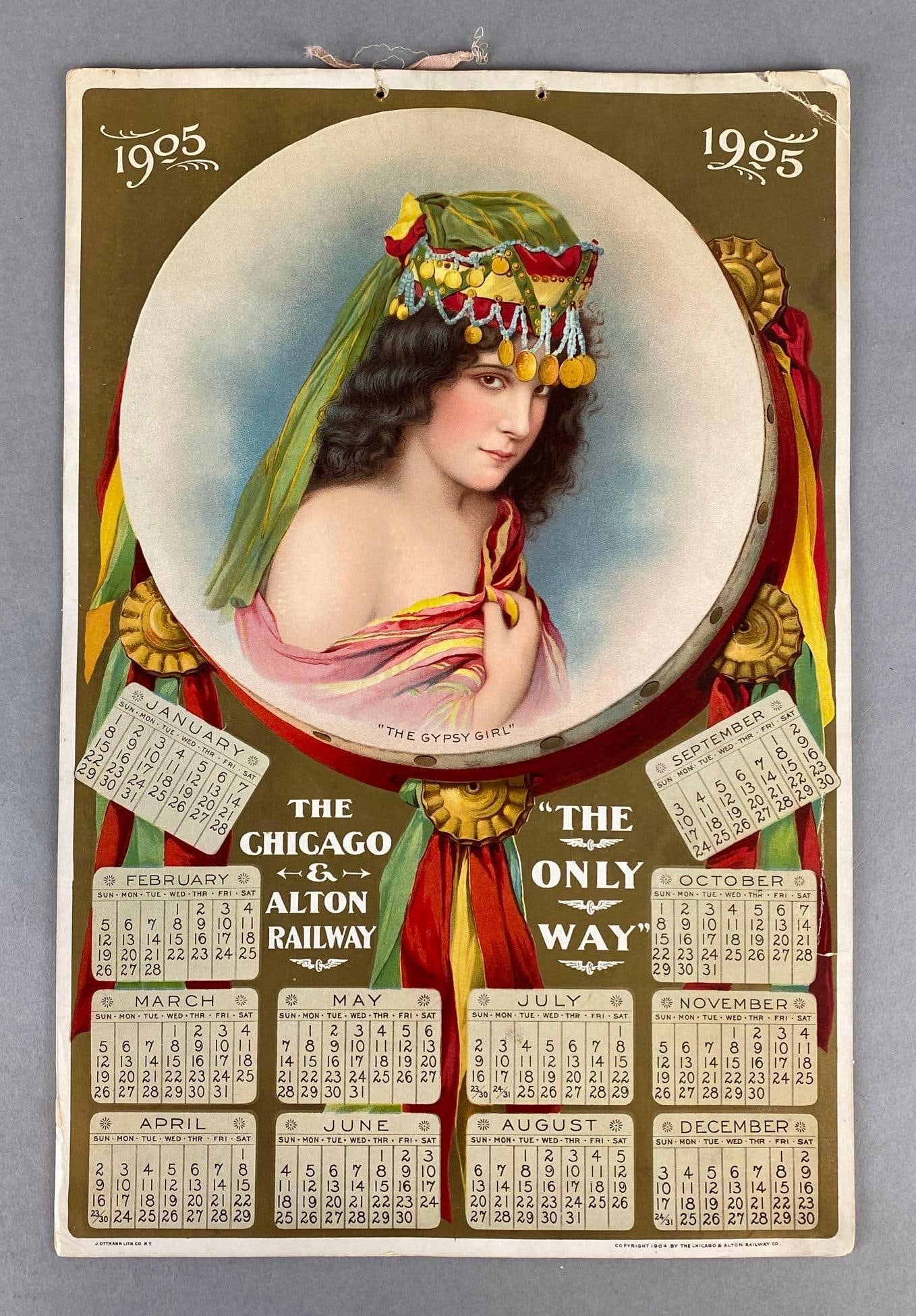 1905 The Chicago and Alton Railway The Only Way Gypsy Girl Calendar Posters: Missing top ties, Measures 15 x 10 1/4 inches.
