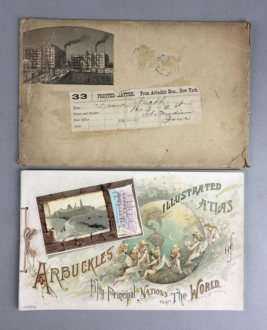 1889 Arbuckles Illustrated Atlas 50 Principal Nations of the World Book: Includes original mailing envelope. Slight wear cover, back and pages. Measures 7 x 11 inches.