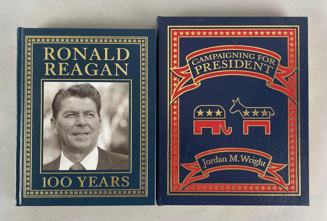 Group of 2 Presidential Easton Press Books: Includes Ronald Reagan 100 years, and campaigning for president by Jordan m wright. Gilded edges
