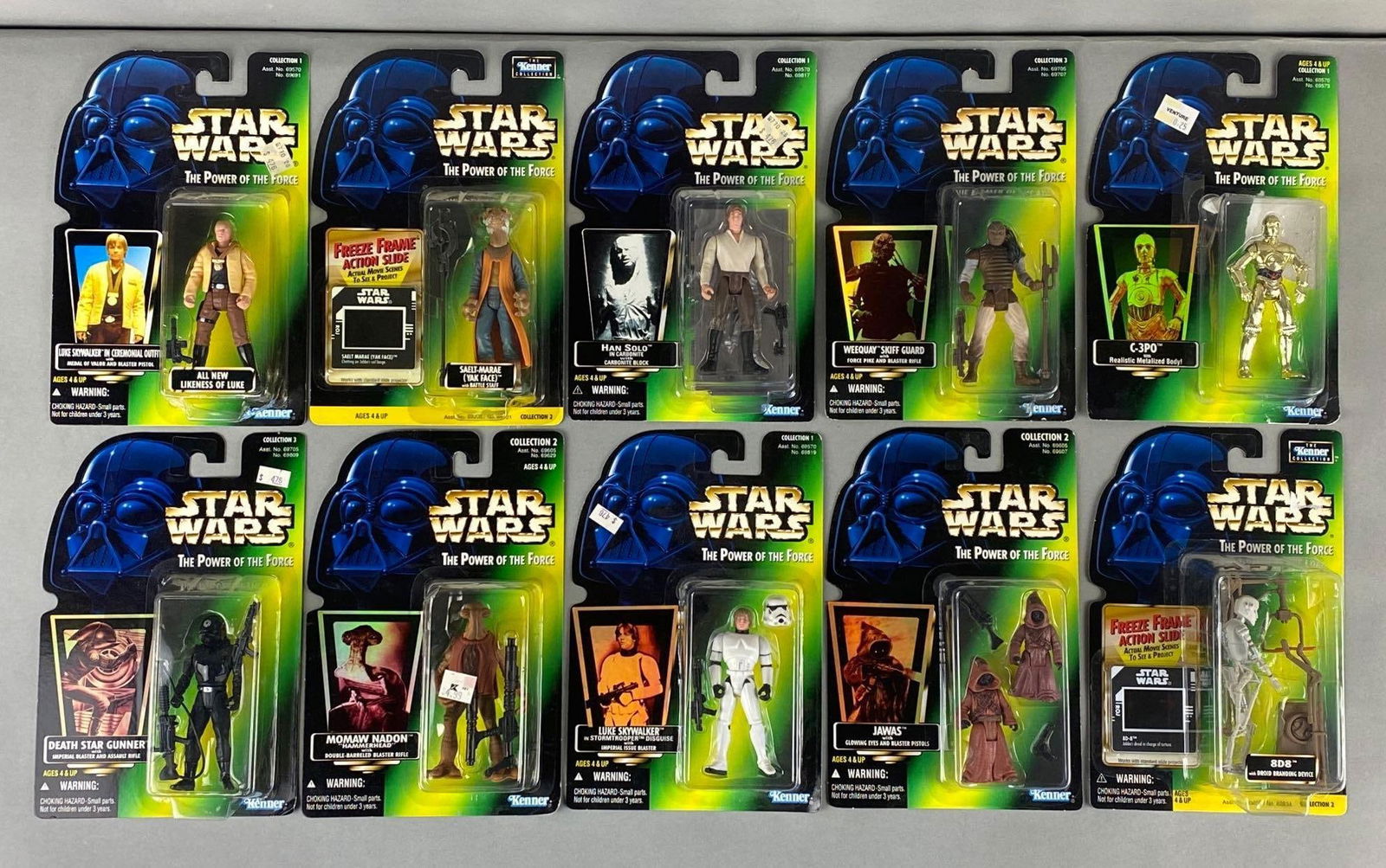 Group of 1996-97 Star Wars Action Figures Power of the Force: 10 total items, all in original Kenner packaging. Includes Death Star Gunner, Luke Skywalker and Han Solo in Carbonite among others. Each package measures 8 x 6 x 2 inches.